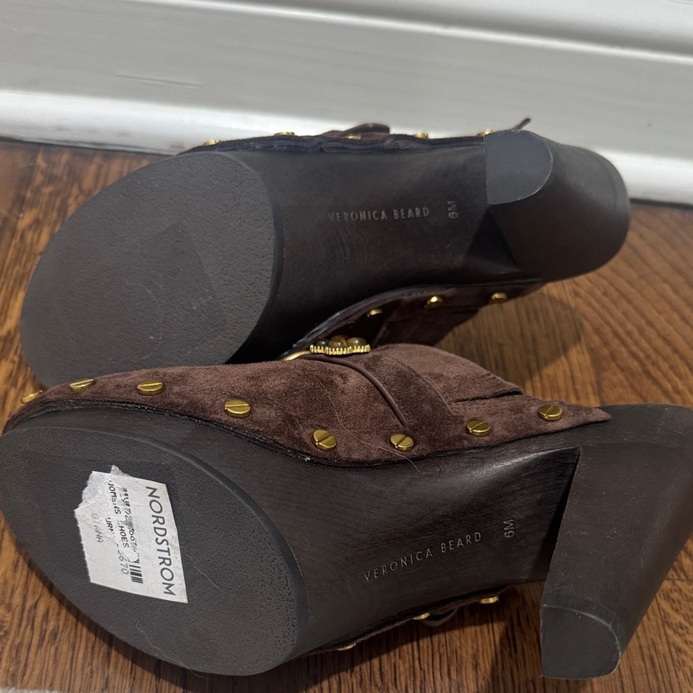 Veronica Beard Giana Charms Espresso Brown Suede Platform Clogs Mules 6 - Picture 9 of 11